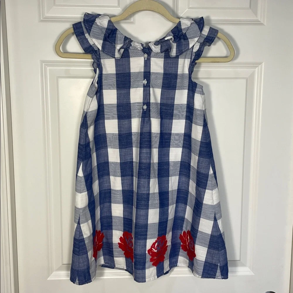 Janie and Jack Embroidery Floral Gingham Dress Size 7 Blue Red Sleeveless Ruffle